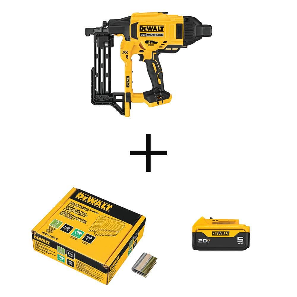 DEWALT 20V Maximum 9-Gauge Cordless Fencing Stapler w/1.75 in. x 9 GA Paper Tape Fencing Staples (960-per Box) and 5Ah Battery