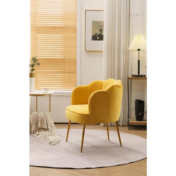 URTR Unique Shell Shape Yellow Velvet Upholstered Armchair Living