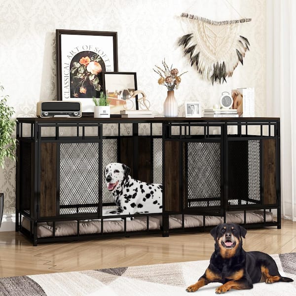 Large Dog Kennels Crate, Indoor Dog Crate End Table, Mesh and Wooden Dog Cages for 2 Medium or Large Dogs, Walnut