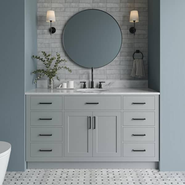 ARIEL Hepburn 61 in. W x 22 in. D x 35.25 in. H Bath Vanity in Grey with Carrara Marble Vanity Top in White with White Basin