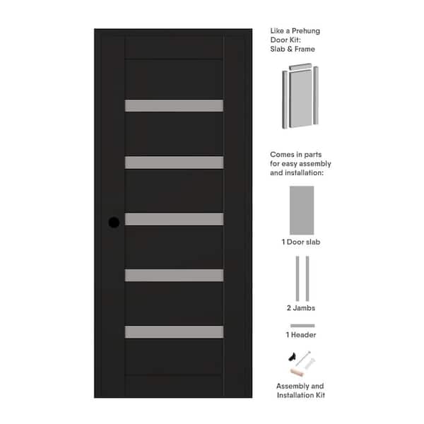 Leora DIY-Friendly 28 in. x 80 in. Right-Hand 5-Lite Frosted Glass Black Matte Composite Single Prehung Interior Door