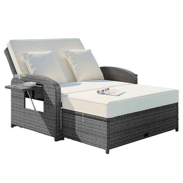 Unbranded PE Rattan Wicker Outdoor Double Chaise Lounge with Adjustable Back and Beige Cushions