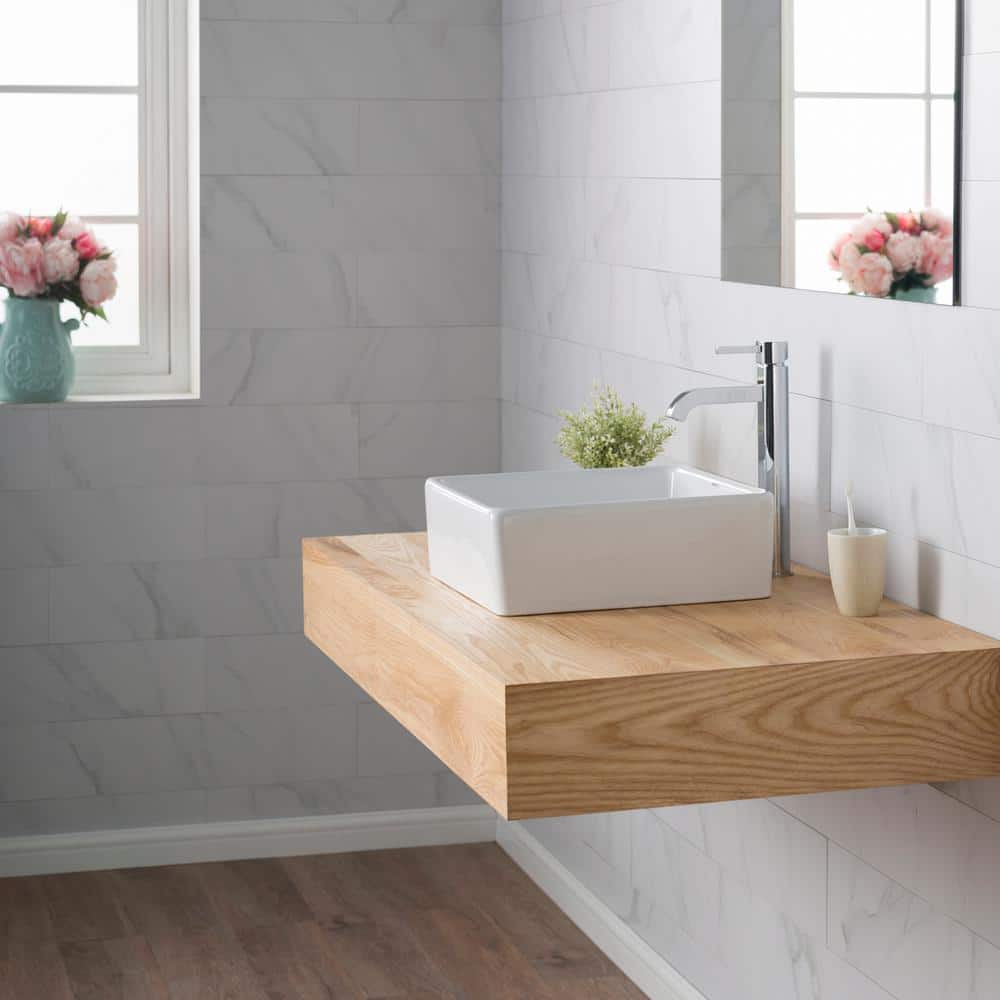 White Ceramic Square Vessel Bathroom Sink, 15-inch