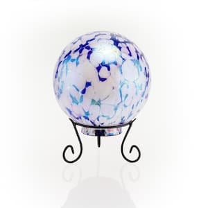 8 in. Dia Indoor/Outdoor Glass Gazing Globe with LED Lights and Stand, Blue/White