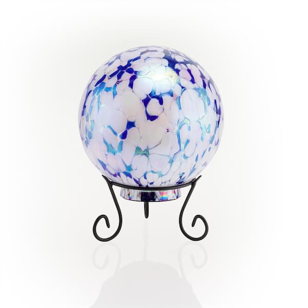 Alpine Corporation 8 in. Dia Indoor/Outdoor Glass Gazing Globe with LED Lights and Stand, Blue/White