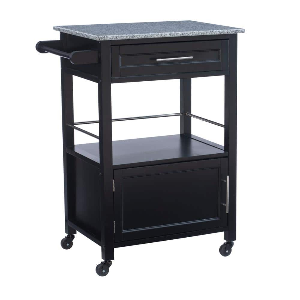 Morgan Black Kitchen Cart with Granite Top and Towel Bar -  Linon Home Decor, THD03430