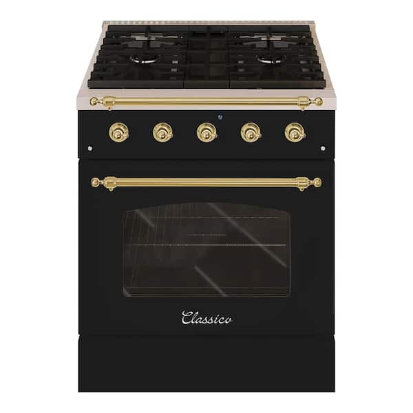 Hallman CLASSICO 30"4.2 CuFt 4 Burner Freestanding Dual Fuel Range LP Gas Stove - Electric Oven, Glossy Black with Brass Trim