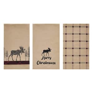 Cumberland Tan Red Black Seasonal Merry Christ moose Cotton Blend Kitchen Tea Towel Set (Set of 3)