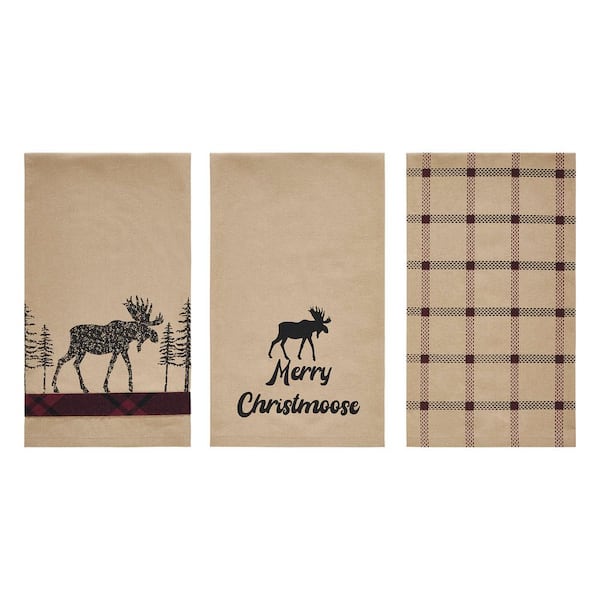 VHC BRANDS Cumberland Tan Red Black Seasonal Merry Christ moose Cotton Blend Kitchen Tea Towel Set (Set of 3)