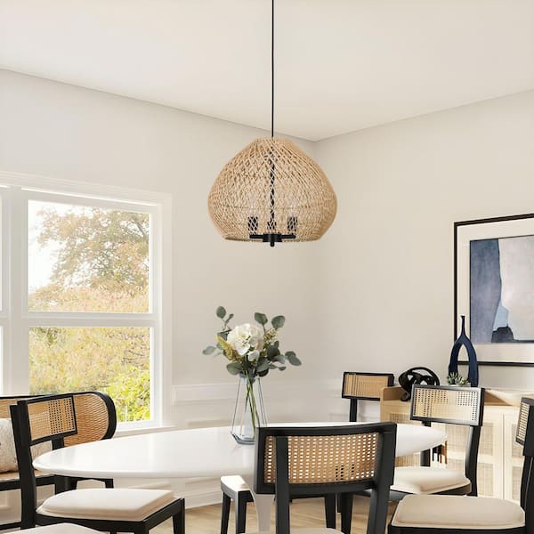 RayHome 40W 3-Light Black Farmhouse Pendant Light with Hand Woven Globe Rattan Shade for Porch Kitchen Dining Room