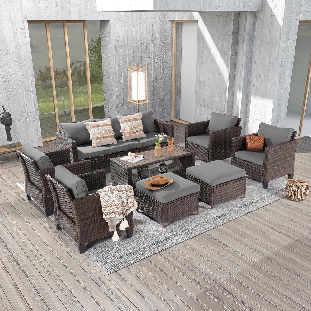 8-Piece Brown Wicker Outdoor Seating Sofa Set with Ottomans and Coffee Table, Thickening Gray Cushions price history on PriceWatchPro