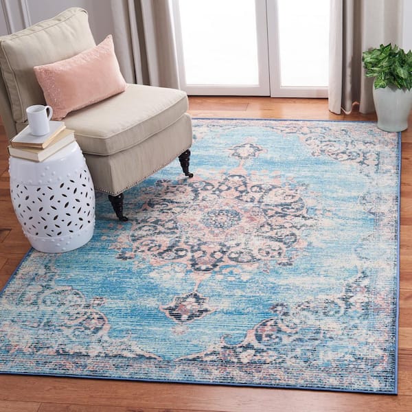 Journey Turquoise/Pink 4 ft. x 6 ft. Machine Washable Distressed Medallion Area Rug