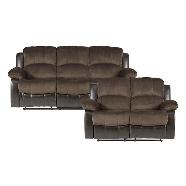 Bianca 83 in. W. Pillow Top Arm Textured Fabric Rectangle 2-Piece Manual Reclining Sofa Set in Chocolate