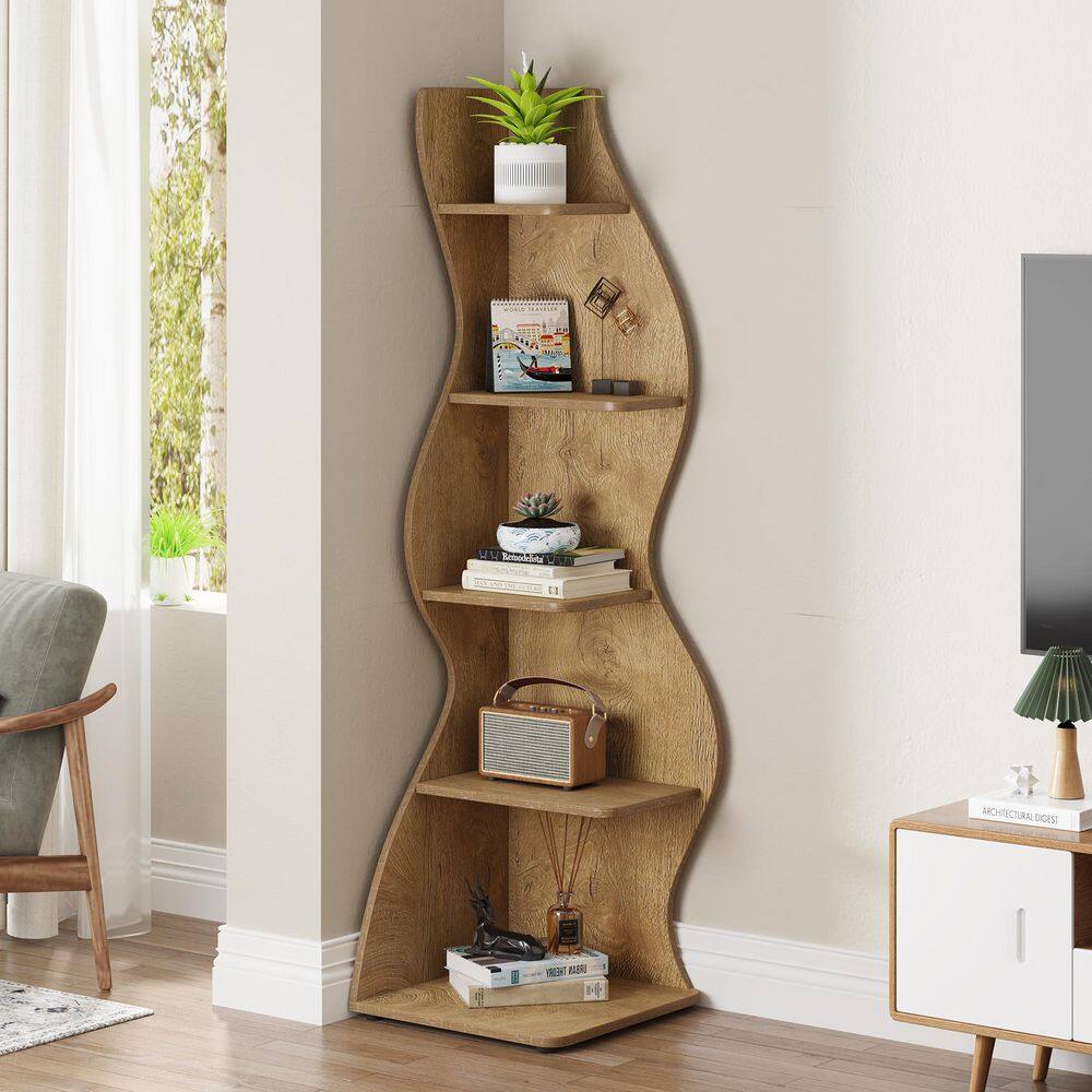 70 in. Tall Brown Wood 5-Shelf Corner Bookcase with Ample Storage and Space-Saving Design for Living room, Office