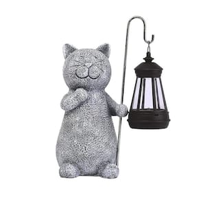 Gray Resin Solar Cat Garden Statue