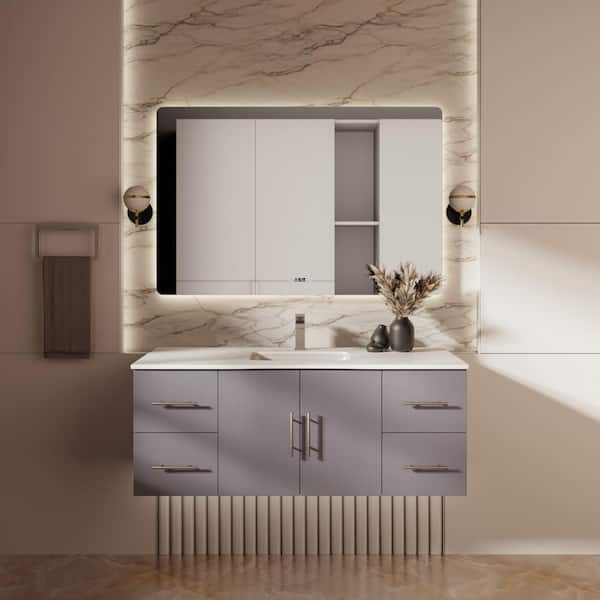 Geneva 48 in. W x 22 in. D Dark Grey Bath Vanity, White Quartz Top, and 48 in. LED Mirror