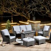 Moonset Gray 6-Piece Wicker Outdoor Patio Rectangular Fire Pit Seating Sofa Set and with Gray Cushions