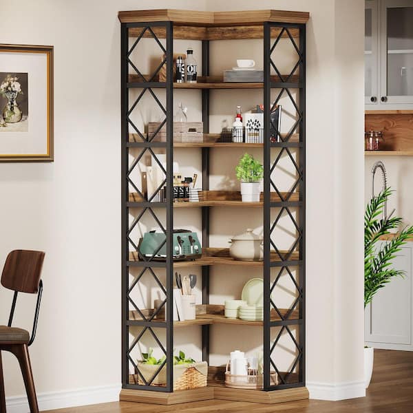 BYBLIGHT Eulas 72 in. Tall Brown Wood 6-Shelf Corner Bookcase L-Shaped ...