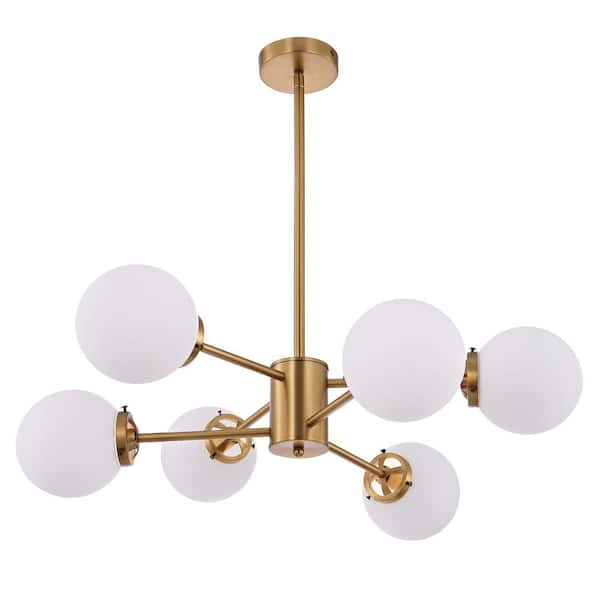 MLiAN 6-Light Sputnik Brass Chandelier with White Glass Shades