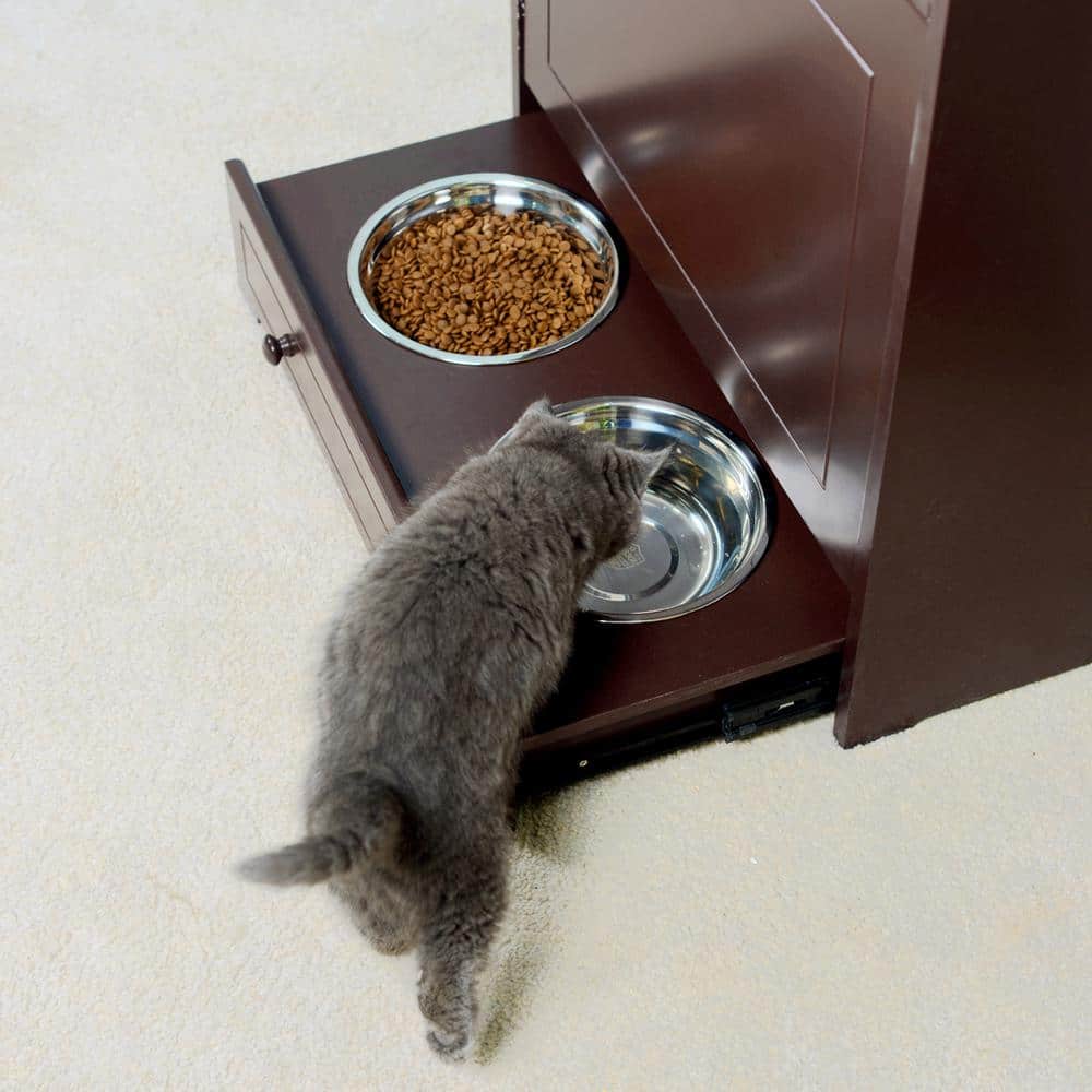 Brown MDF Elevated Dog Feeder Station with Storage