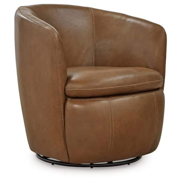Kierreys Brown Faux Leather Barrel Chair with Swivel Base