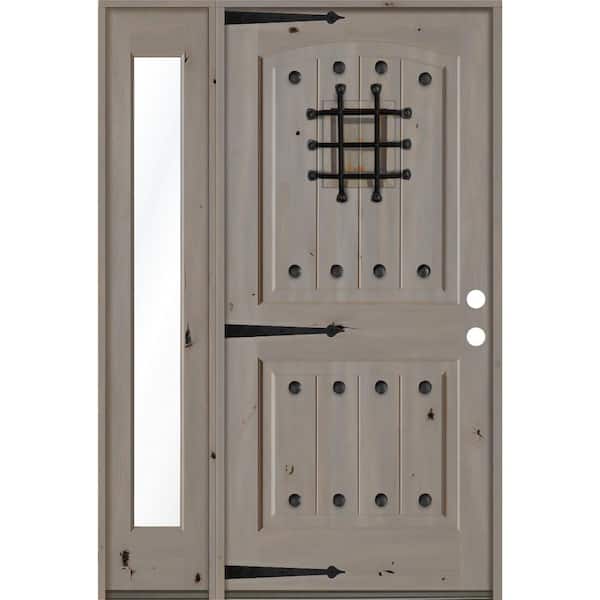 Krosswood Doors 56 in. x 80 in. Mediterranean Knotty Alder Left-Hand/Inswing Clear Glass Grey Stain Wood Prehung Front Door w/Sidelite