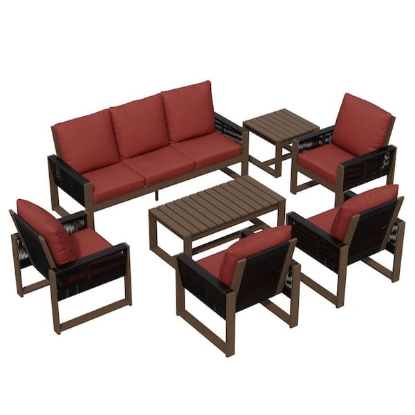 7-Piece Wood Outdoor Patio Conversation Set with Lounge Chairs, Outdoor Sofa Seating Set with Red Cushions