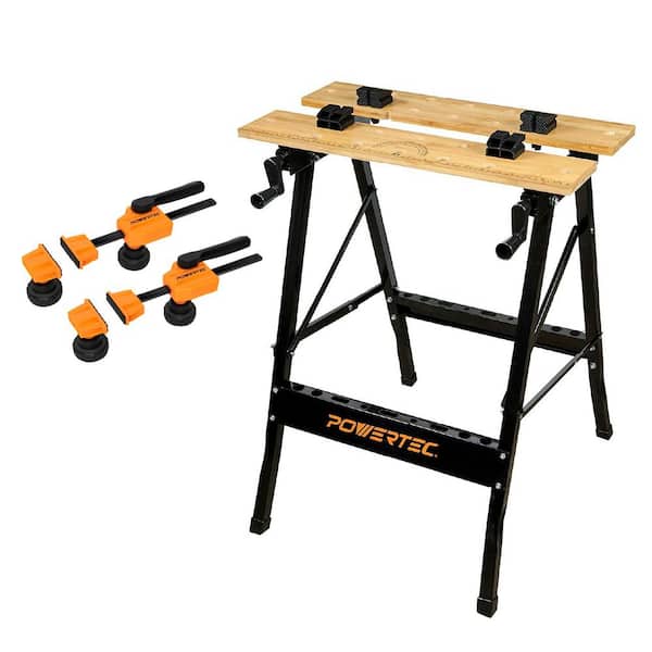 13 in. W x 29.5 in. H Adjustable Folding Portable Workbench w/ Bench Dogs and Clamps, Bamboo Folding Sawhorse Worktable