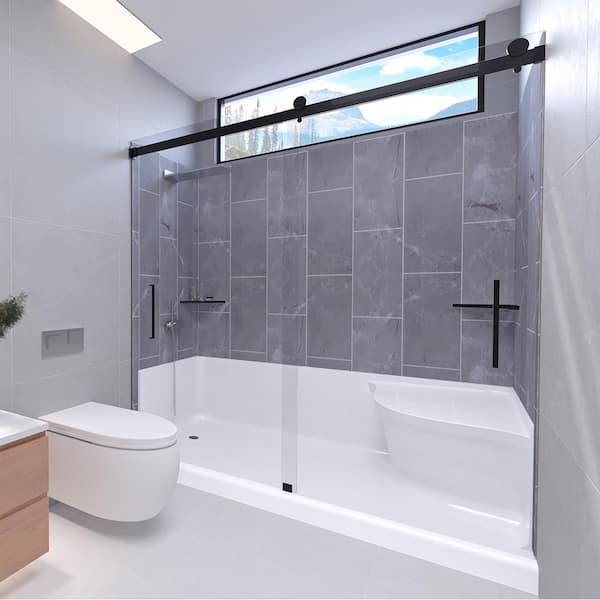 Platinum Grey-Tetherow 60 in. x 32 in. x 83 in. Base/Wall/Door Seated Base Alcove Shower Stall/Kit Matte Black Left