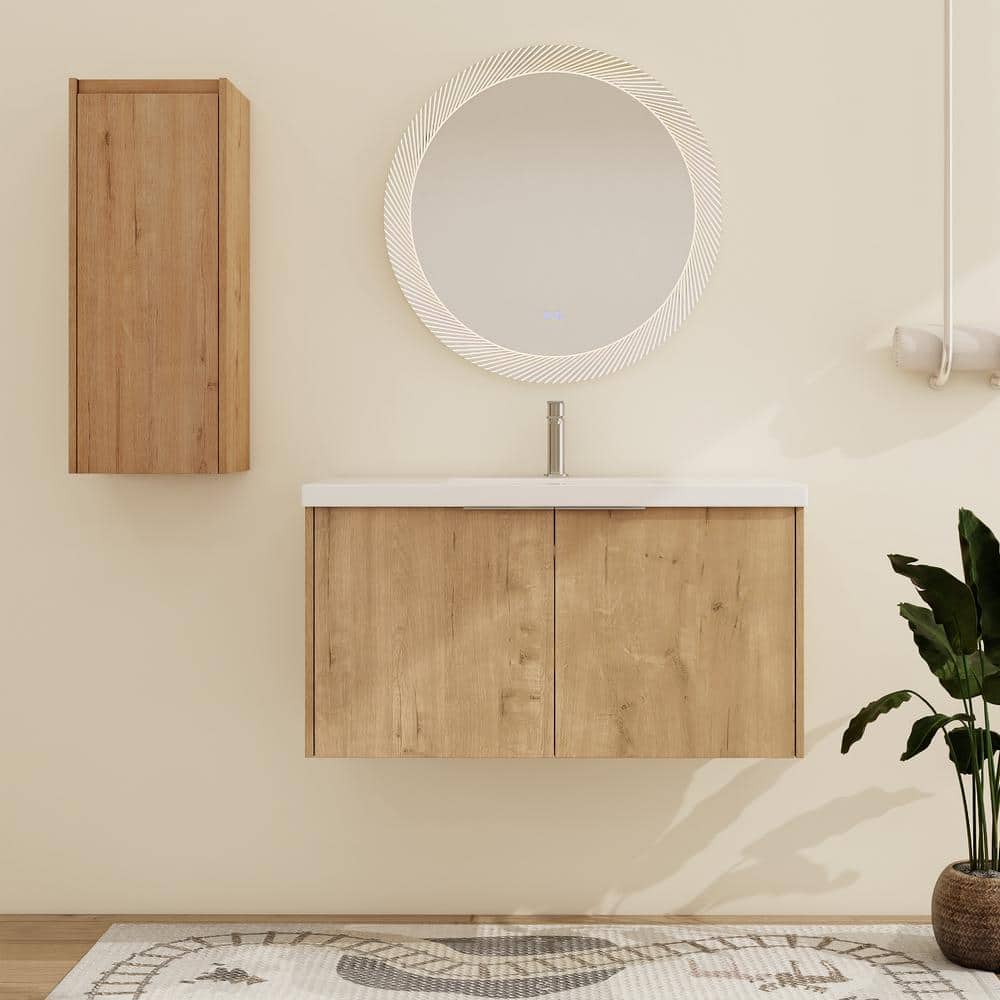 35.4 in. W x 18.1 in. D x 19.3 in. H Wall-Mounted Bath Vanity in Light Brow