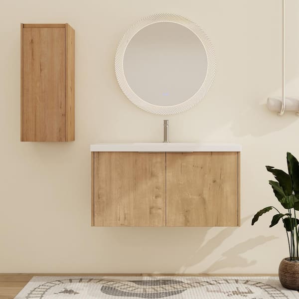 35.4 in. W x 18.1 in. D x 19.3 in. H Wall-Mounted Bath Vanity in Light Brown with White Resin Vanity Top Side Cabinet