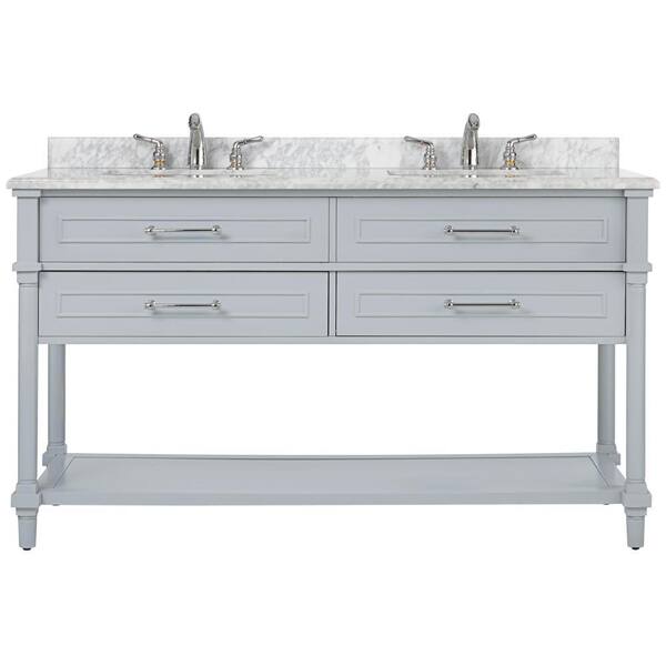 Home Decorators Collection Aberdeen 60 in. W Open Shelf Double Vanity in Dove Grey with Carrara Marble Top  with White Sink s