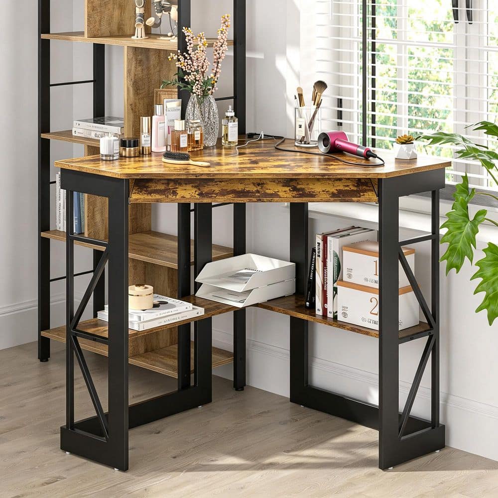 Dark Brown Corner Computer Desk with Power Outlet & USB Ports, Triangle Desk with Keyboard Tray & Storage Shelves price history on PriceWatchPro