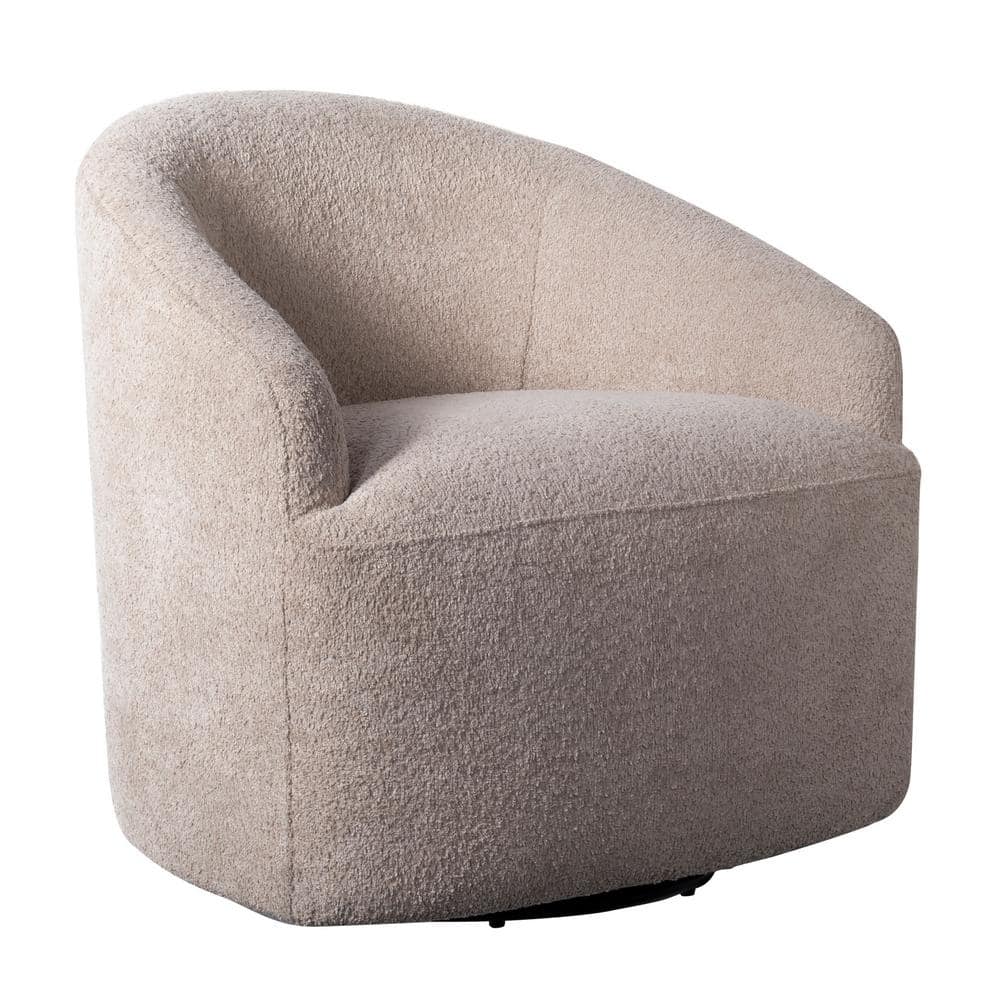 Beige Barrel Swivel Accent Chair with Wood Base