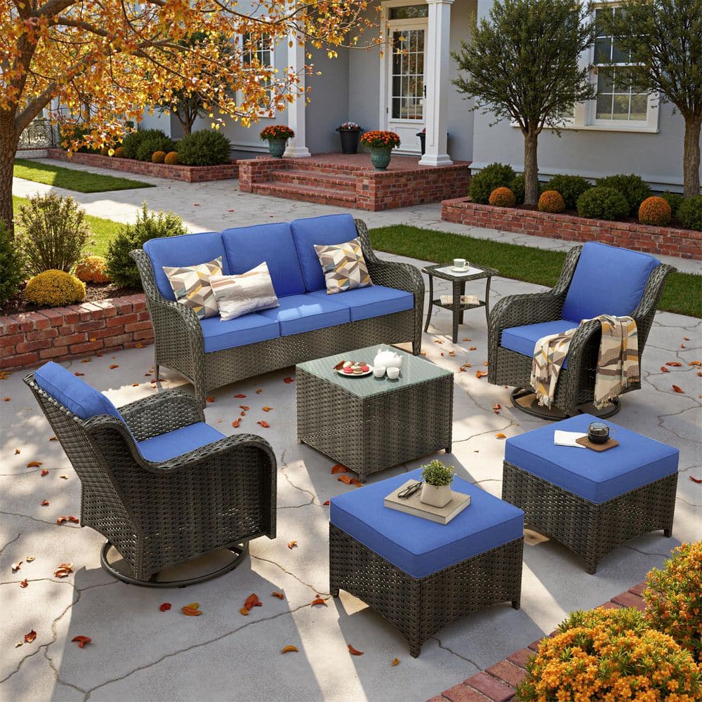 Clario 7-Piece Wicker Patio Seating Conversation Set with Navy Blue Cushion and 360° Rocking Swivel Chair for Backyard price history on PriceWatchPro