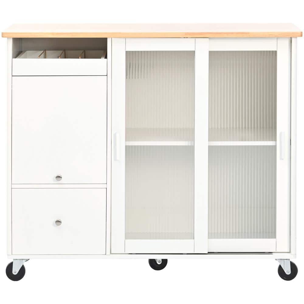 White Rubber Wood Kitchen Cart with Drop Leaf, 2 Fluted Glass Doors, LED Li