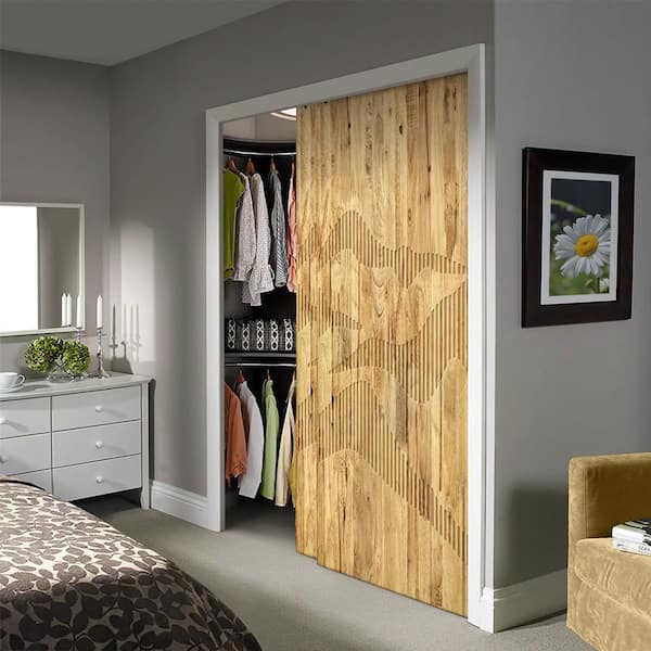 CALHOME 60 in. x 96 in. Hollow Core Natural Solid Wood Finished Interior Double Sliding Closet Doors, Natural Wood