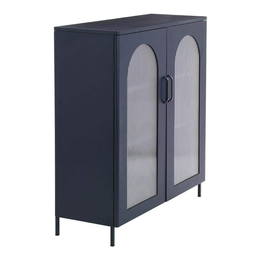 Solstice 40" Black Metal Accent Cabinet with Striated Glass Doors