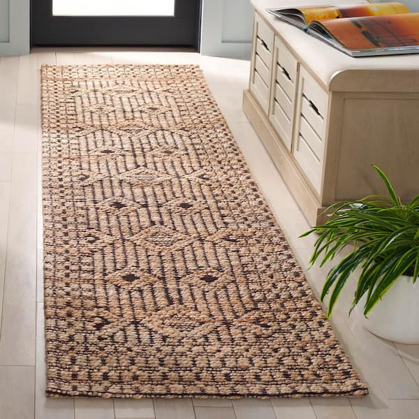 Natural Fiber 2 ft. x 8 ft. Natural/Black Geometric Oriental Runner Rug