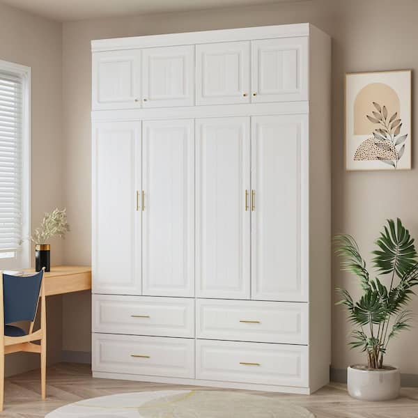 White 8-Door Big Wardrobe Armoires with Hanging Rod, 4-Drawers, Storage Shelves 93.9 in. H x 63 in. W x 20.6 in. D
