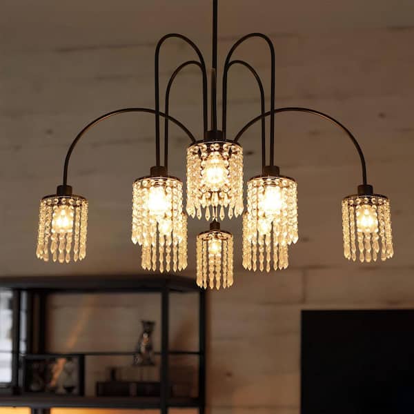 Meanna 8-Light Modern Black Linear Sputnik Crystal Chandelier for Living Room and Dining Room