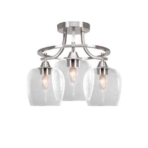 Madison 15.5 in. 3-Light Brushed Nickel Semi-Flush Mount with Clear Bubble Glass Shade
