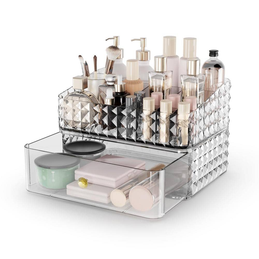 Clear Stackable Makeup Organizer with 2-Drawers and 1-Tray, Vanity Cosmetic