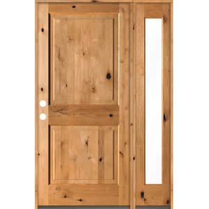 56 in. x 80 in. Rustic knotty alder Right-Hand/Inswing Clear Glass Clear Stain Square Top Wood Prehung Front Door w/RFSL
