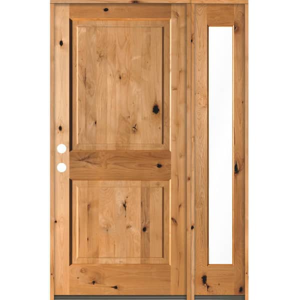 Krosswood Doors 56 in. x 80 in. Rustic knotty alder Right-Hand/Inswing Clear Glass Clear Stain Square Top Wood Prehung Front Door w/RFSL