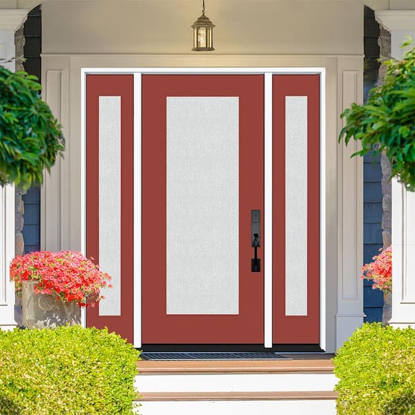 Legacy 68 in. x 80 in. Full Lite Rain Glass LHIS Primed Morocco Red Finish Fiberglass Prehung Front Door w/Dbl 14 in. SL