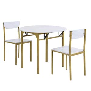 Modern 3-Piece Golden Round Dining Table Set with Faux Granite Finish Drop Leaf TOP and Iron Frame
