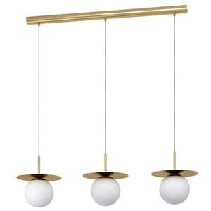 Arenales 40 in. W x 86 in. H 3-light Brushed Brass Linear Pendant Light with White Opal Sphere Glass Shades