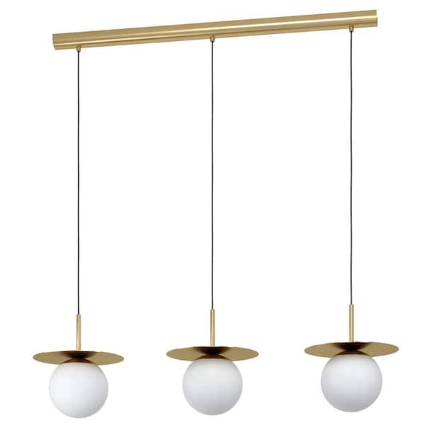 Eglo Arenales 40 in. W x 86 in. H 3-light Brushed Brass Linear Pendant Light with White Opal Sphere Glass Shades