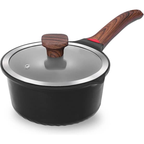 1-Piece Black Nonstick Granite Coated Saucepan with Lid Cast Aluminum Body Induction Compatible Cooking Pot Set